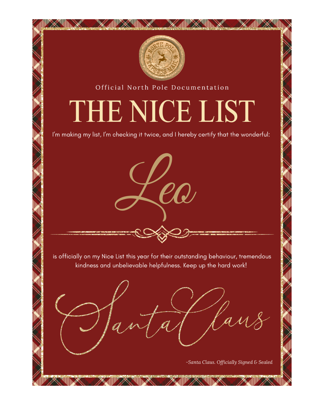 A4 LETTER - TARTAN TRIM WITH GLITTER - NICE LIST