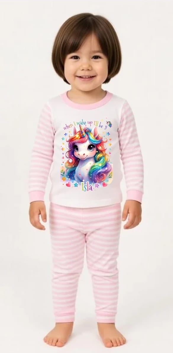 Unicorn, striped personalised birthday pyjamas
