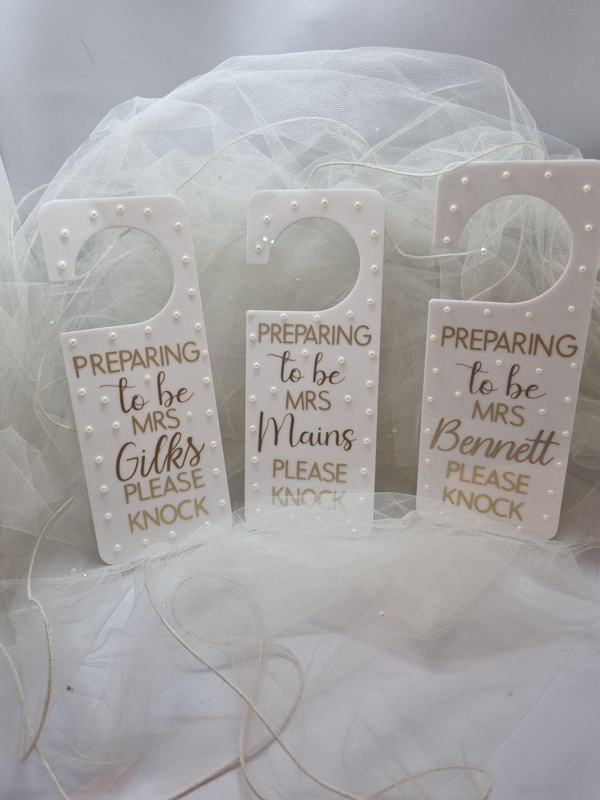 Personalised bride wedding hanger with pearl detail and gold writing