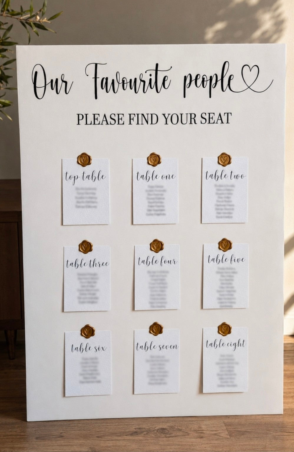 Personalised A1 wedding table plan on foam board
